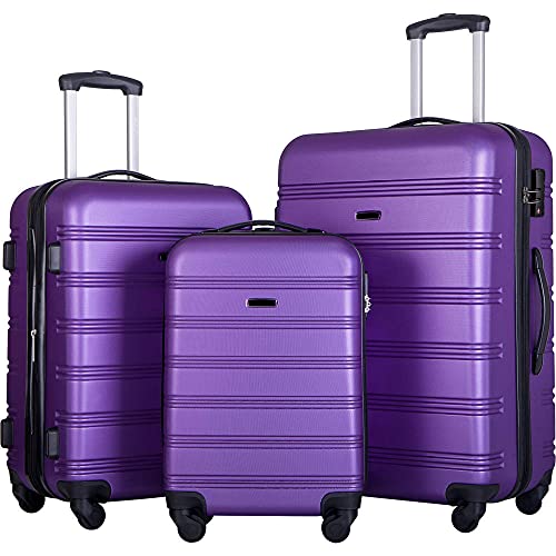 3 piece luggage set with TSA lock hard side swivel suitcase Purple