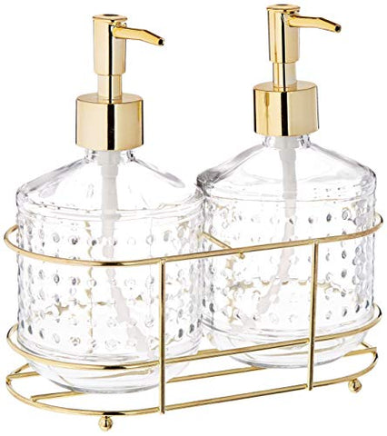 Circleware 32474 Vintage Gold Hobnail Dispenser Bottle Pumps in Metal Caddy 3-Piece Set of Home Bathroom Accessories, Farmhouse Decor for Essential Oils, Lotions, Liquid Soaps, 17.5 oz, Clear