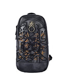 MM Chinese Embroidery PU Leather Sling Bag Black Outdoor Daypack Crossbody