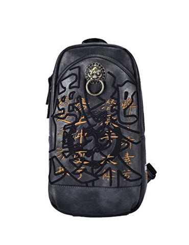 MM Chinese Embroidery PU Leather Sling Bag Black Outdoor Daypack Crossbody