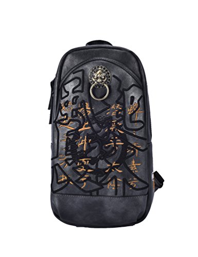 MM Chinese Embroidery PU Leather Sling Bag Black Outdoor Daypack Crossbody