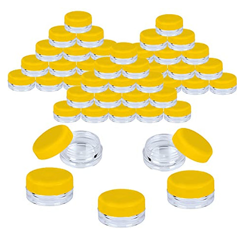 Houseables Sample Containers, 3 Gram Jars, 3 mL, 50 Pk, Yellow, BPA Free Plastic, Cosmetic Jar w/Lids, Screw Cap, Round Pot, 3g Empty Container, Small, Tiny, Tester Bottle, Make Up, Eye Shadow, Nails