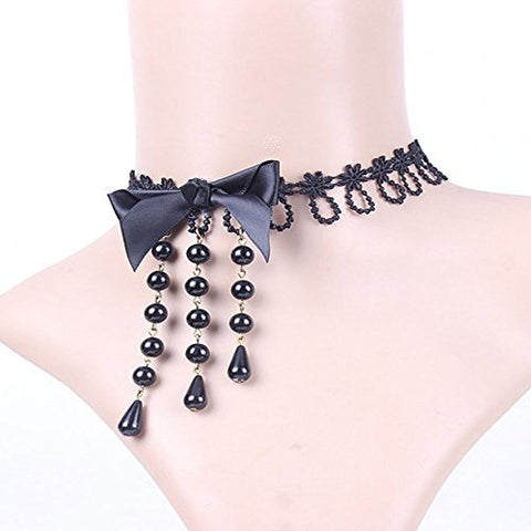 Acxico Elegant Black Pearl Tassels Bowknot Retro Lace Necklace Dress Accessories by Acxico