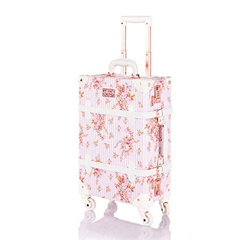 COTRUNKAGE Vintage Travel Luggage Trunk Women Suitcase (Pink Floral, 22")