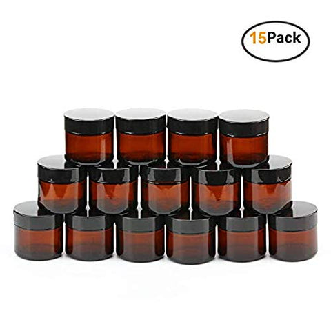 Encheng 15Pack of 2 oz Amber Round Glass Jars, with Inner Liners and black Lids,Empty Cosmetic Containers,Cream jars