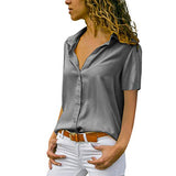 ♡QueenBB♡ Womens V Neck Blouse Shirts Button Down Short Sleeve Casual Loose Chiffon Collared Tops T Shirts Gray