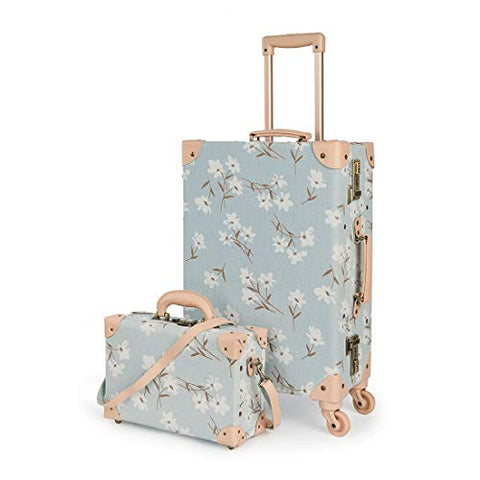 COTRUNKAGE Travel Carry On Luggage Trunk Set Vintage Suitcase for Women with TSA Lock (12" & 20", LightCyan Floral)