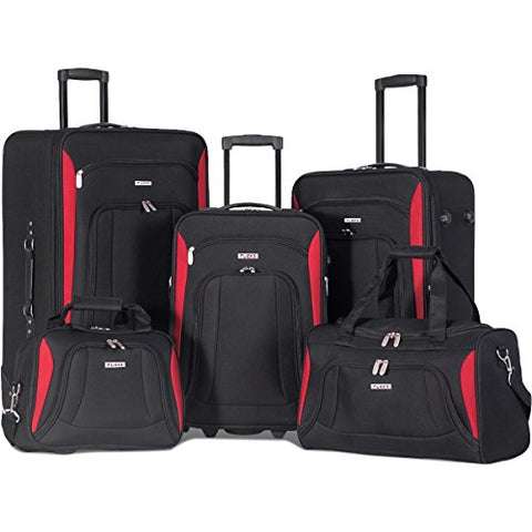 Flieks 5 Piece Luggage Set Deluxe Expandable Rolling Suitcase (black&red)