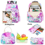 Girls Backpack Kids Elementary Bookbag Girly School Bag with Insulated Lunch Tote and Pencil Pouch (Tie dye green purple pink - Fari tale unicorn)