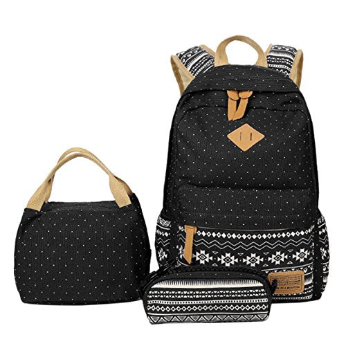 ABage Girl's Canvas Backpack Set 3 Pcs Polka Dot Lunch Box Student School Backpack, Black