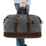 Canvas Overnight Bag Travel Duffel Genuine Leather for Men and Women Weekender Tote (Grey)