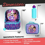 LOL Girl’s 4 Piece Backpack Set, Sequined School Bag with Front Panel and Mesh Pockets, Insulated Lunch Bag, with Water Bottle and Squish Ball Dangle, Purple and Teal