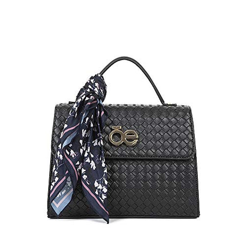 Cloe Knitted-like Briefcase bag with Floral Print Scarf in Black Color