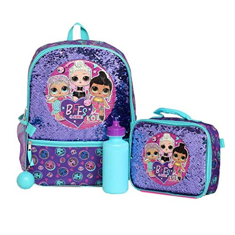 LOL Girl’s 4 Piece Backpack Set, Sequined School Bag with Front Panel and Mesh Pockets, Insulated Lunch Bag, with Water Bottle and Squish Ball Dangle, Purple and Teal