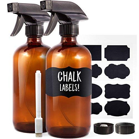 Amber Glass Spray Bottles (2 Pack, 16 oz) - Bonus: 8 Chalk Labels + Pen - Empty Refillable Bottle