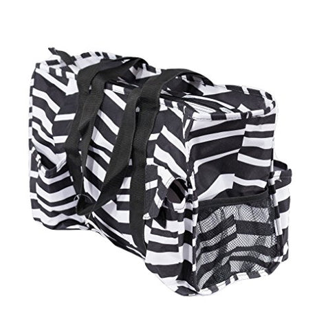 7-Pocket Tote Bag With Zipper (Black and White Zig Zag)