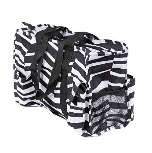 7-Pocket Tote Bag With Zipper (Black and White Zig Zag)
