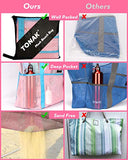 Mesh Beach Bag Toy Tote Bag Grocery Storage Net Bag Oversized Big XL with Pockets Foldable Lightweight for Family Pool Pink Color