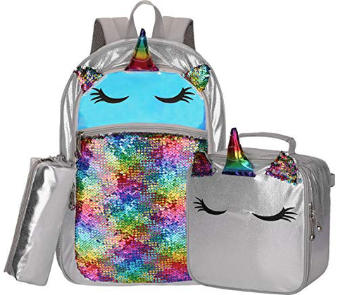 Backpack for Girls Unicorn Magic Glitter Sequin School Bag with Lunch Box Girls Backpack Set for Elementary Preschool Bookbag