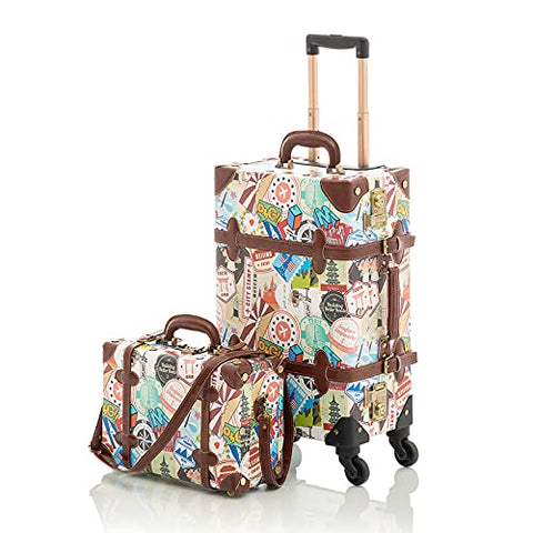 COTRUNKAGE Small 20" Vintage Luggage Set 2 Pieces Carry On Suitcase for Womens, Stamp (13" & 20")