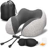 MLVOC Travel Pillow 100% Pure Memory Foam Neck Pillow, Comfortable & Breathable Cover, Machine Washable, Airplane Travel Kit with 3D Contoured Eye Masks, Earplugs, and Luxury Bag, Standard, Gray