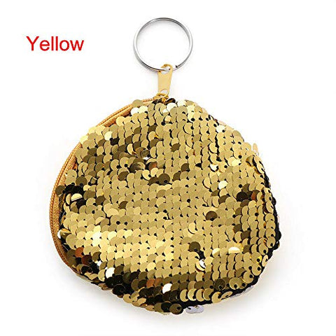 Girls Double Color Mermaid Sequins Bag Coin Wallet Ladies Purse Pouch Keychain (Color - Yellow)