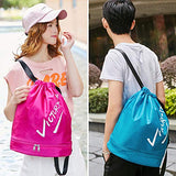 Drawstring Backpack with Shoe Compartment Beach Sport Gym Sack Bag for Women(Rose Red)