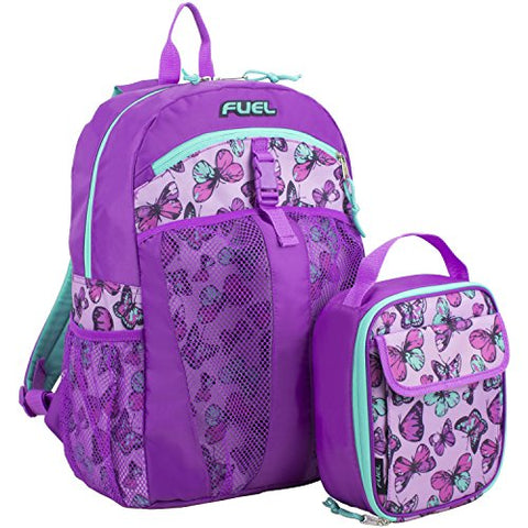 Fuel Backpack & Lunch Bag Bundle, Grape/Turqoise/Colorful Butterflies Print
