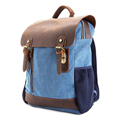 Vintage Leather Canvas Backpack, Retro Canvas Campus School Rucksack Fits 15.6 inch Laptop