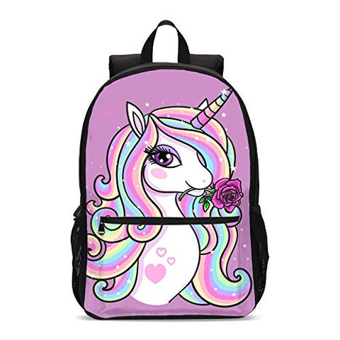 FeHuew Girls Rose Unicorn Backpacks Bookbag Shoulder Bag Laptop Bag for 1-5th Grade