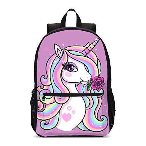 FeHuew Girls Rose Unicorn Backpacks Bookbag Shoulder Bag Laptop Bag for 1-5th Grade