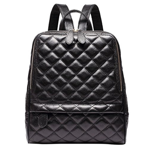 ABage Women's Genuine Leather Backpack Vintage Casual Quilted Travel Backpack Purse, Black