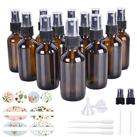12 Pack, HwaShin 2oz Amber Glass Spray Bottles with Black Fine Mist Sprayers for Essential Oils, Perfumes & Aromatherapy (2 Funnels, 3 Droppers, 2 Extra Nozzles, 24 Pieces Labels Included)