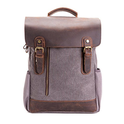 Vintage Leather Canvas Backpack, Retro Canvas Campus School Rucksack Fits 15.6 inch Laptop