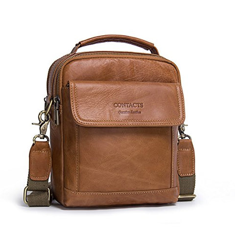Contacts Mens Genuine Leather Crossbody Single-Shoulder 9" Mini iPad Messenger Tote Bag (Brown)