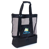 Sunbeach Mesh Beach Bag Tote with Built-in Insulated Cooler, Zipper Closure, Outside Zipper Pocket, Padded Handle Grips and Removable Padded Shoulder Strap (Black)