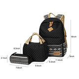 ABage Girl's Canvas Backpack Set 3 Pcs Polka Dot Lunch Box Student School Backpack, Black