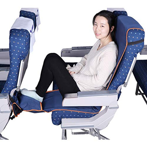 Travel Bread Airplane Footrest Hammock, Portable Travel Foot Rest with Inflatable Pillows, Adjustable Height Flight Carry-On Footrest Provides Relaxation and Comfort for Airplane, Train, Bus (Blue)