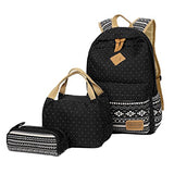 ABage Girl's Canvas Backpack Set 3 Pcs Polka Dot Lunch Box Student School Backpack, Black