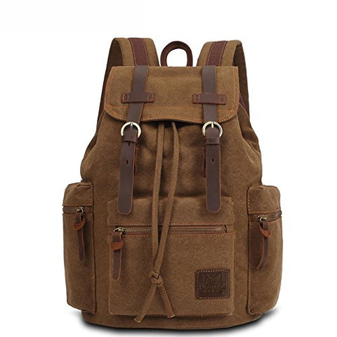 KAUKKO Retro Canvas Schoolbag Casual Satchel Backpack Multi-Functional Rucksack (Khaki)