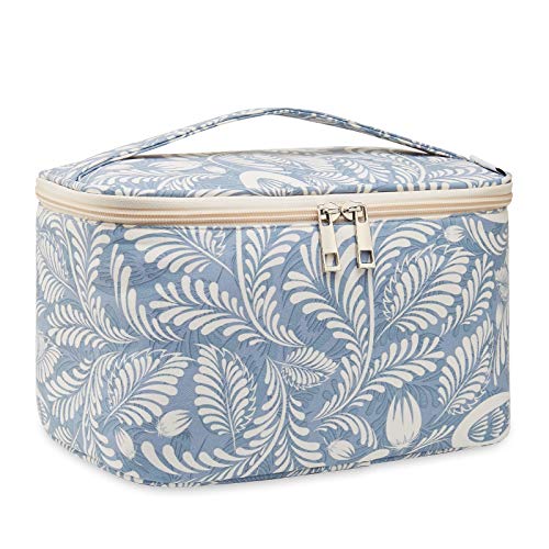Travel Makeup Bag Large Cosmetic Bag Make up Case Organizer for Women and Girls (Large, Blue Leaf)