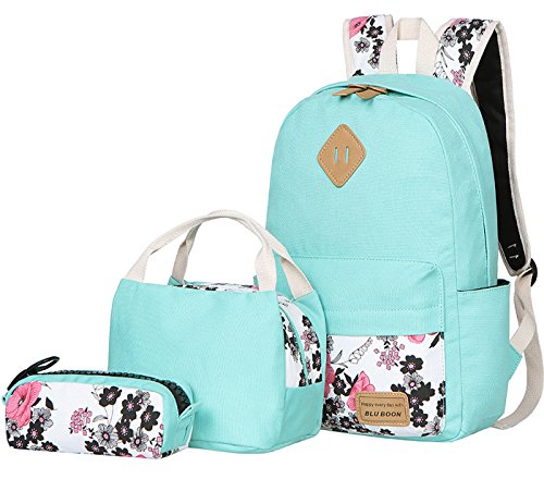 BLUBOON Teens Backpack Set Canvas Girls School Bags, Bookbags 3 in 1 (Water Blue-14)