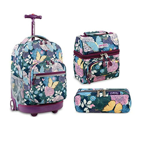 J World New York Sunrise Rolling Backpack Back To School Set W/Pencil Case & Lunch Bag (Secret