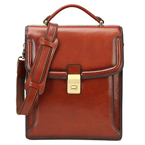 Banuce Small Vintage Full Grain Italian Leather Messenger Bag for Men Vertical Lock Business