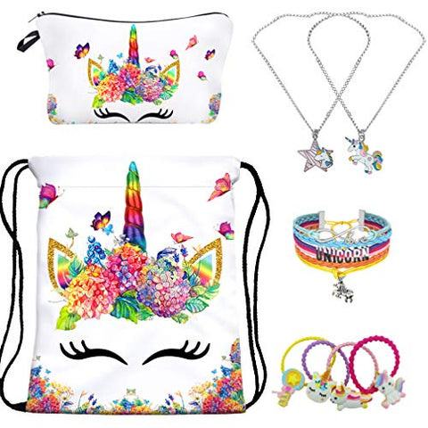 RLGPBON Unicorns gifts for girls,Unicorn Drawstring Backpack,Makeup Bag,Unicorns Jewelry,Necklace,Birthday Gifts for Girls