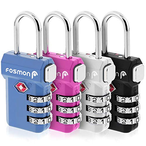 Fosmon TSA Approved Luggage Locks, (4 Pack) Open Alert Indicator 3 Digit Combination Padlock Codes with Alloy Body and Release Button for Travel Bag, Suit Case & Luggage - Blue, Pink, Silver, Black