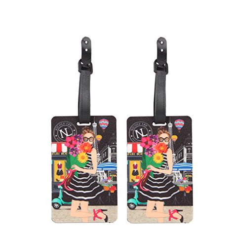 Nicole Lee Women's 2 Piece Luggage Bag Travel Tags, [Green] Fashion Prints, Info Tab, A A Day in Paris