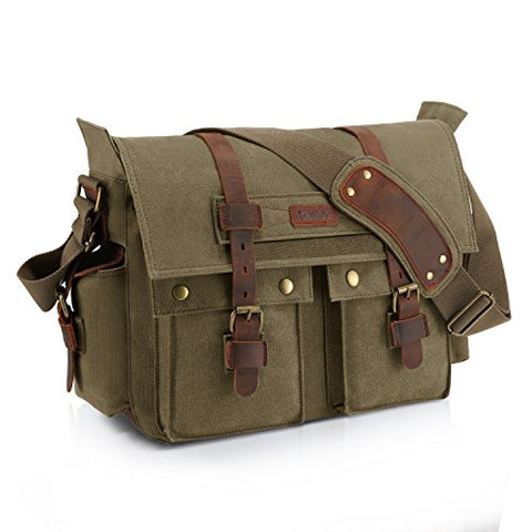 Kattee British Style Retro Unisex Canvas Leather Messenger Shoulder Bag Fits 14.7" Laptop (Army