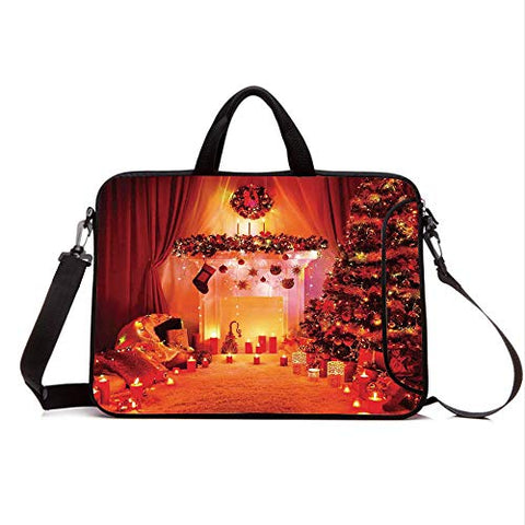 15" Neoprene Laptop Bag Sleeve with Handle,Adjustable Shoulder Strap & External Side Pocket,Christmas,Noel Room Decorated with Bunch of Holly Yule Objects Illuminated Fantasy Eve Picture,Orange