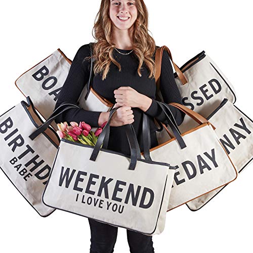 Santa Barbara Design Studio Tote Bag Hold Everything Collection Black and  White 100% Cotton Canvas with Genuine Leather Handles, Large, Weekend Vibes